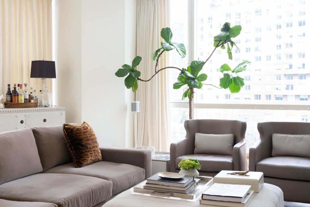 Living room in a Manhattan loft with grey leather wingback chairs, a taupe sofa with a leopard print pillow and a fiddle leaf fig positioned against a wall of city-view windows